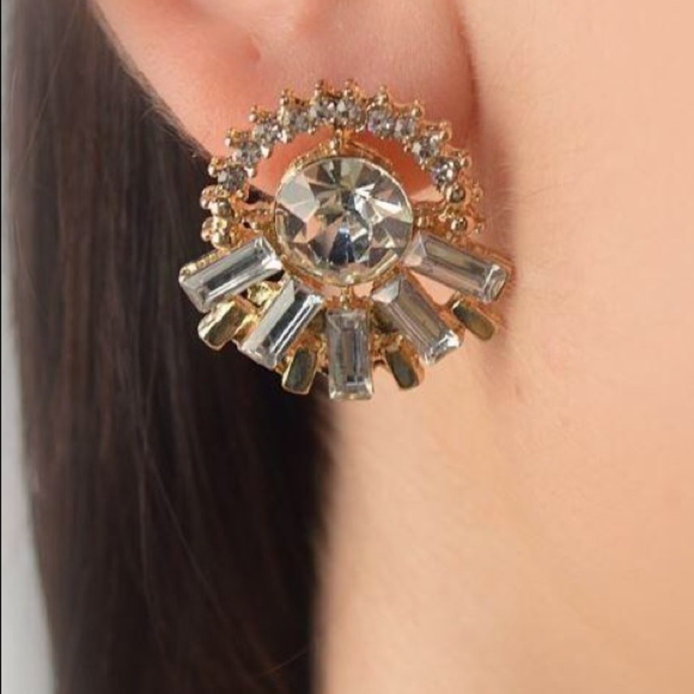 Gold Clear Stone Studded Round Earrings - Picture 2 of 2